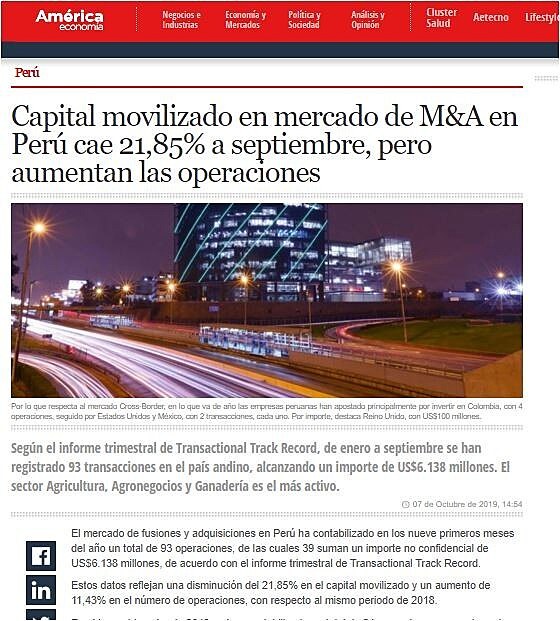 Capital movilizado en mercado de M&A en Per cae 21,85% a septiembre, pero aumentan las operaciones